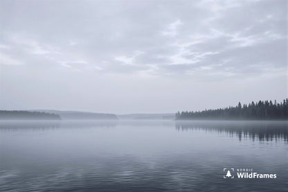 Calm misty lake at dawn with forest shorelines and soft grey morning sky, Finland
