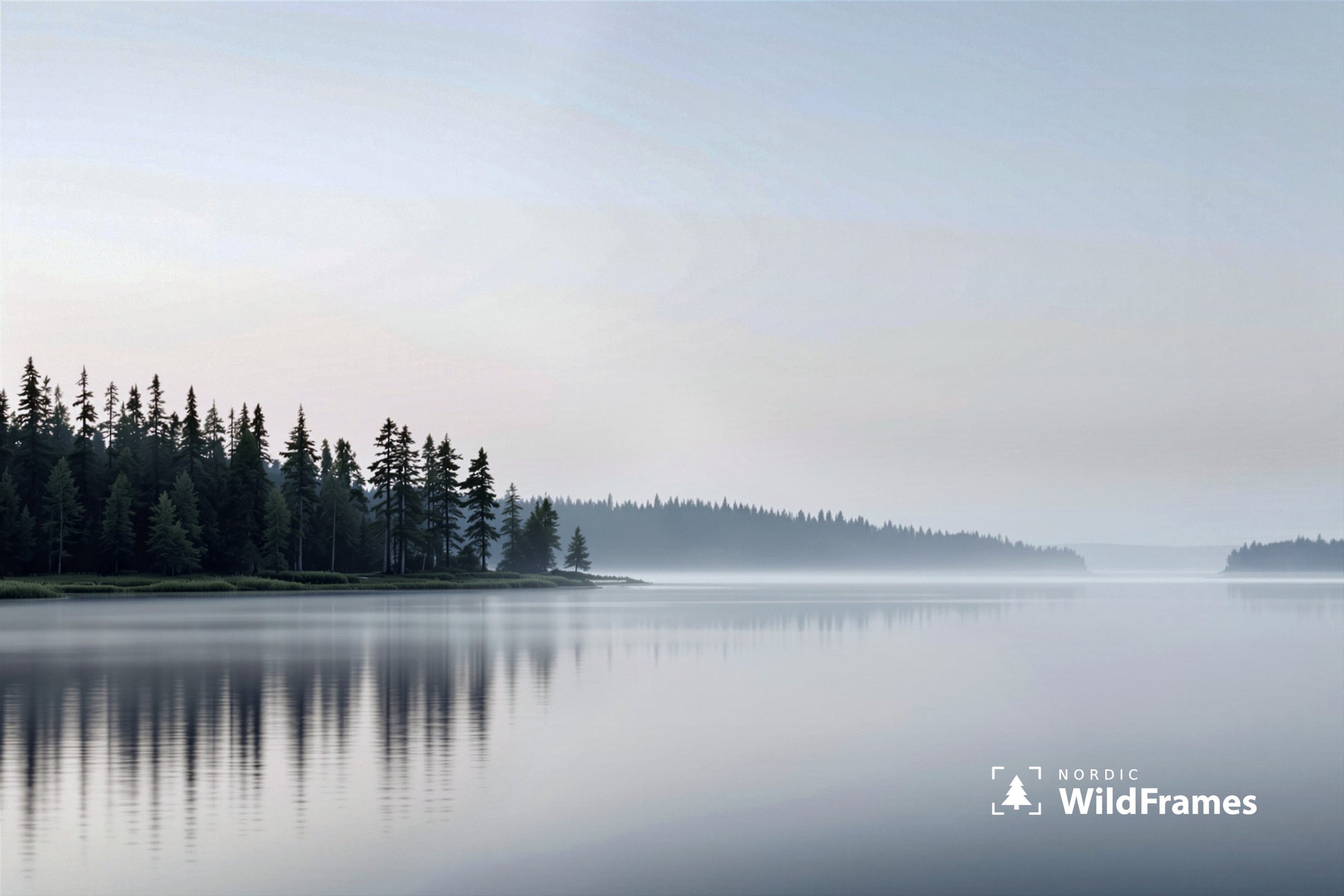 Still lake at dawn with dark spruce shoreline reflected in mirror-calm water, Finland