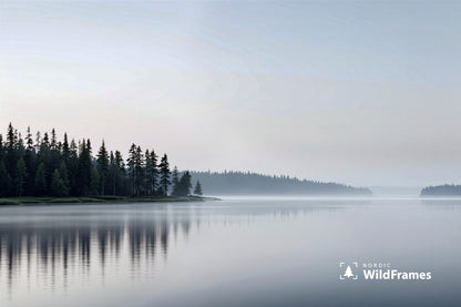 Still lake at dawn with dark spruce shoreline reflected in mirror-calm water, Finland
