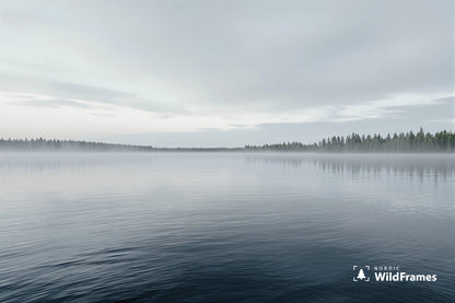 Open calm lake surface at dawn with morning mist and forest treeline, Finland