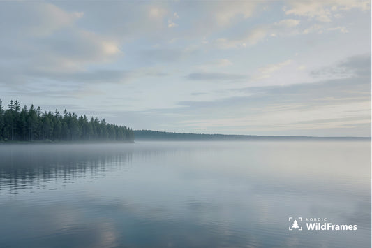 Calm lake with green pine forest shoreline and light mist under a soft blue sky, Finland