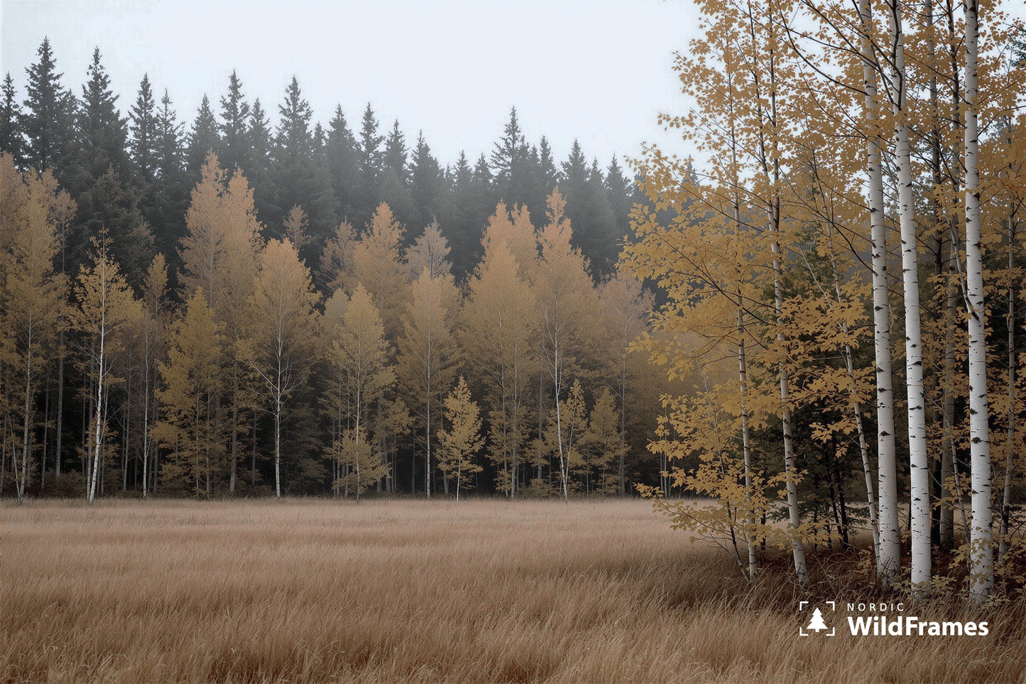 Golden birch and aspen stand at a dry grass meadow edge with dark spruce forest behind, Finland