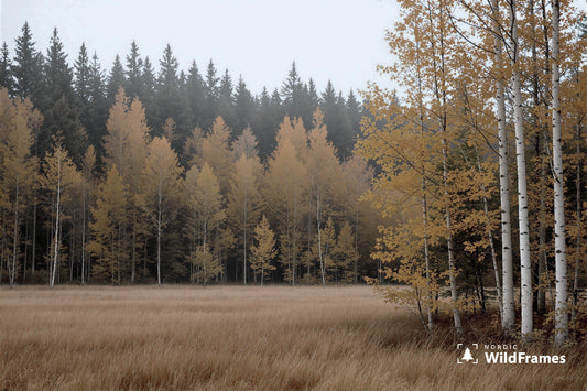 Golden birch and aspen stand at a dry grass meadow edge with dark spruce forest behind, Finland