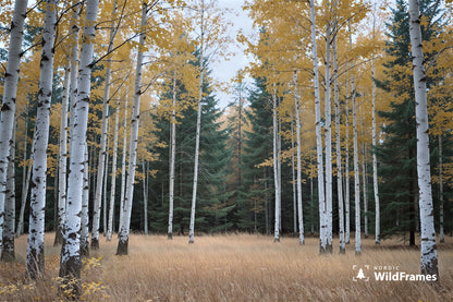 White birch trunks with golden autumn leaves in a quiet grove with green spruces, Finland