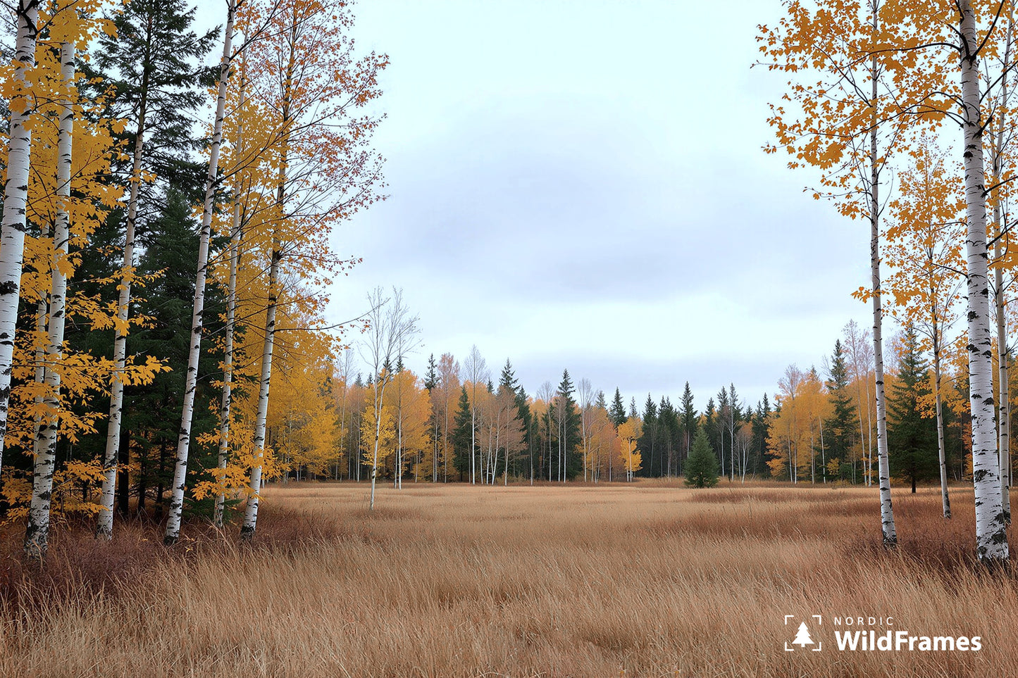 Open dry grass meadow framed by golden birches and spruce forest in autumn, Finland