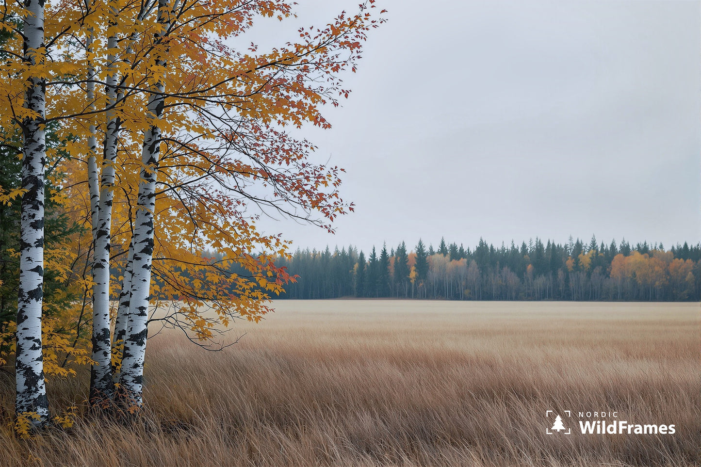 Birch trees with golden and red autumn leaves beside a wide dry grass field, Finland