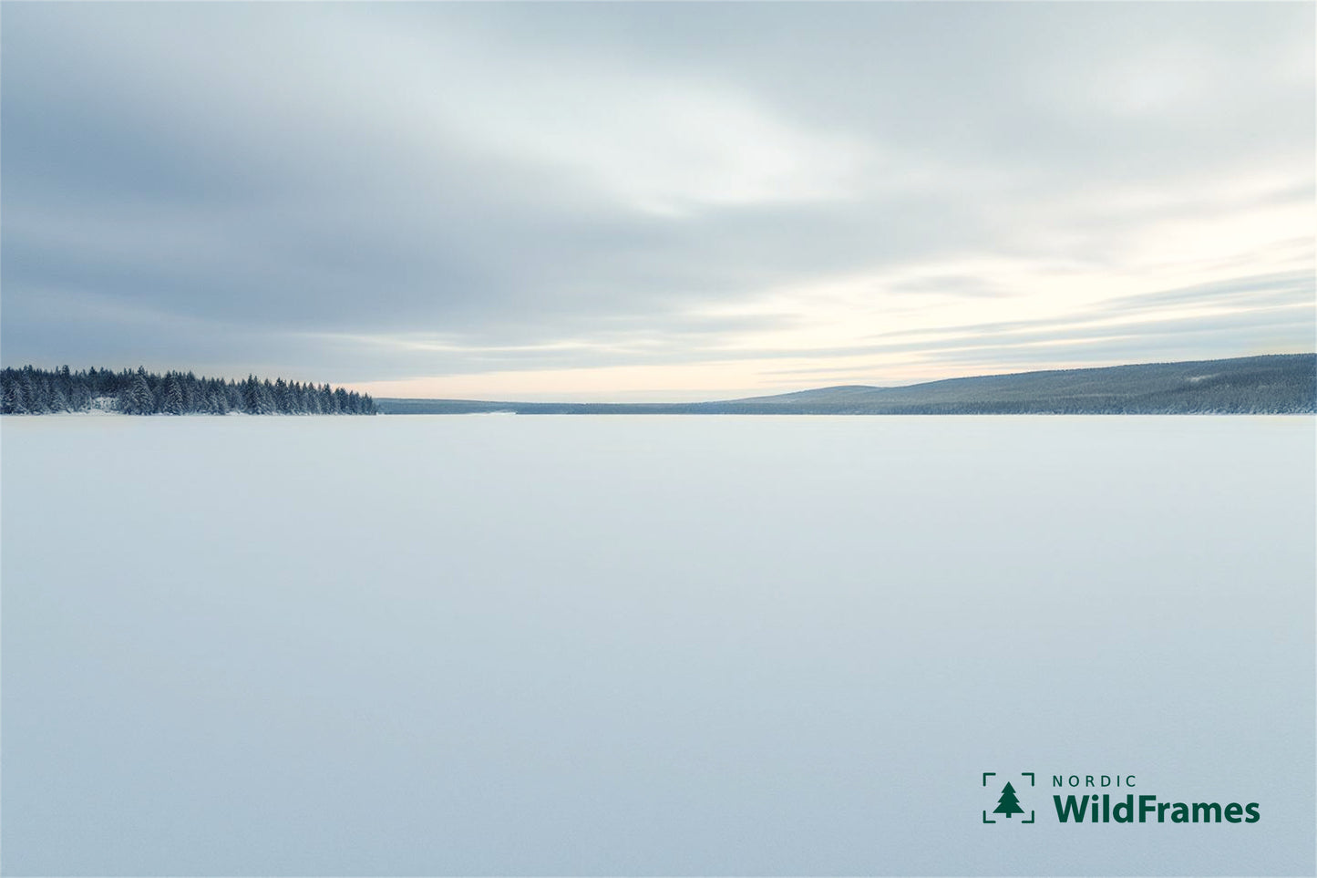 Minimal snow-covered lake expanse with distant treeline and pale winter sunset on the horizon, Finland