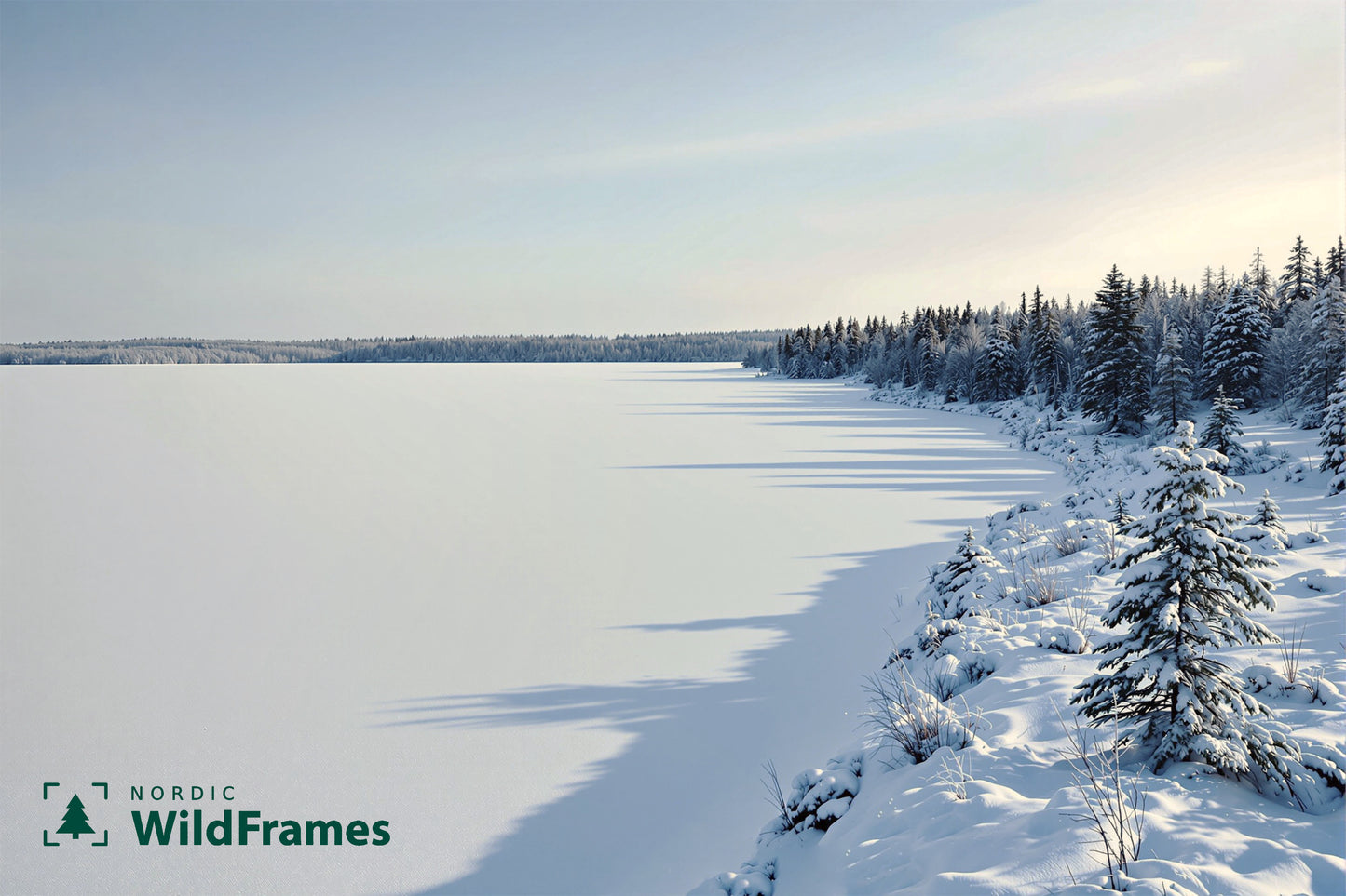 Snow-covered lakeshore with frosted spruce trees casting long shadows on a frozen lake, Finland