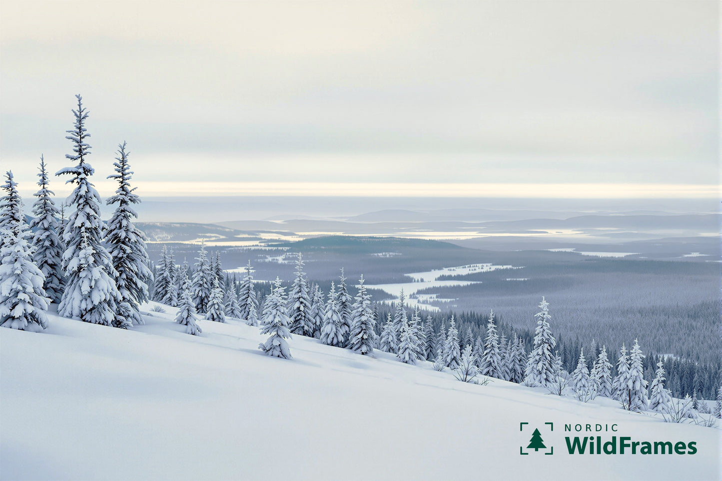 Snow-covered fell slope with frosted spruce trees overlooking a wide forest and lake landscape, Finland